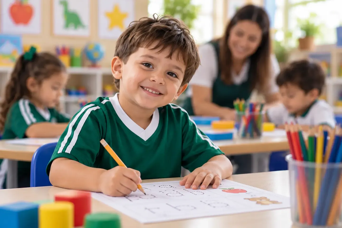 Alumno de preescolar practicando el trazo de letras en un salón de clases
