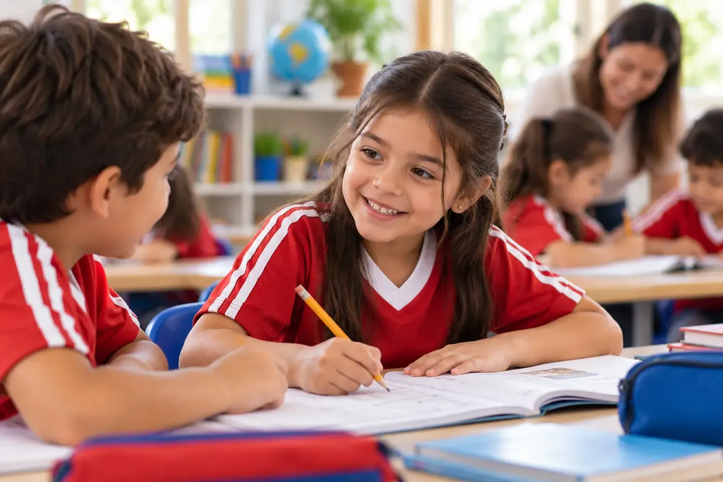 Alumnos de primaria colaborando en una actividad de lectura y escritura