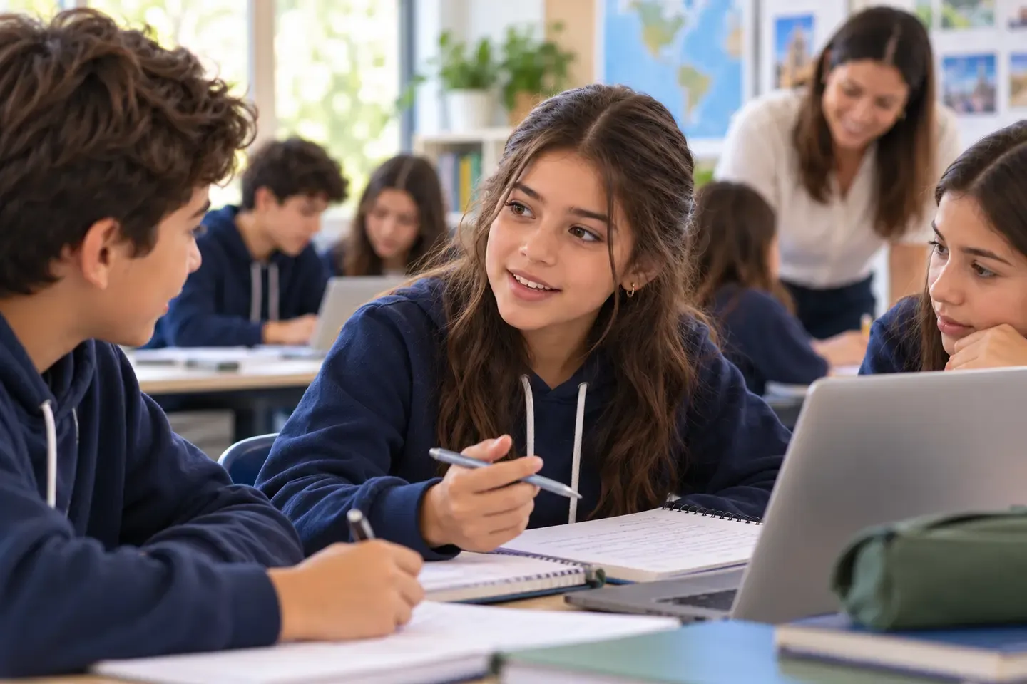 Alumnos de secundaria trabajando en equipo en un proyecto académico