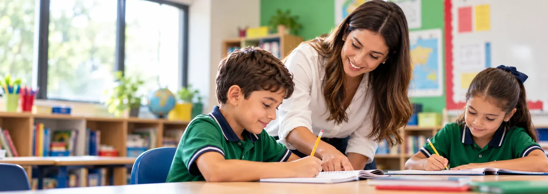 Maestra orientando a dos alumnos de primaria mientras trabajan en el salón de clases